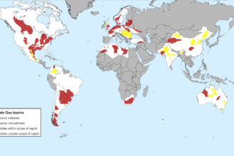 Carte d'estimations des réserves de gaz de schiste : 48 grands bassins répartis dans 38 pays étudiés par l'EIA en 2011