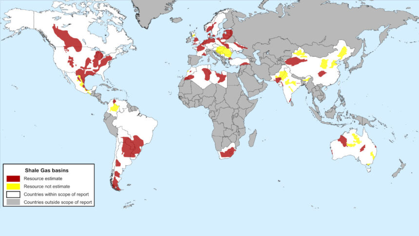 Carte d'estimations des réserves de gaz de schiste : 48 grands bassins répartis dans 38 pays étudiés par l'EIA en 2011