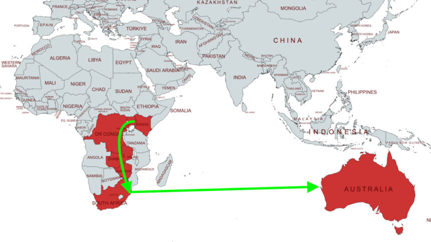 L'itinéraire proposé pour le nouveau câble sous-marin à fibre optique de Google traverse l'Afrique australe et l'océan Indien. (Image via MapChart avec modifications)